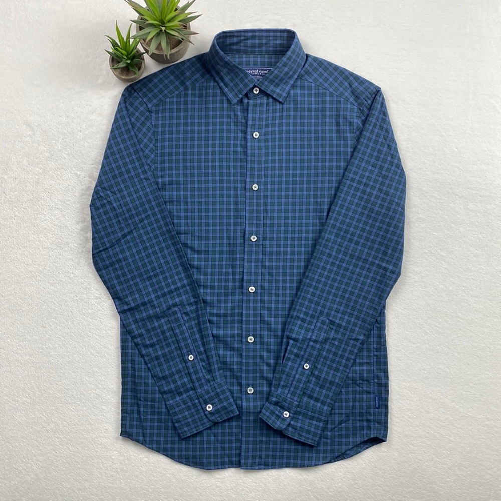 Vineyard Vines Cotton Cashmere Blend Check Pattern Button Up Shirt (Blue/Green)